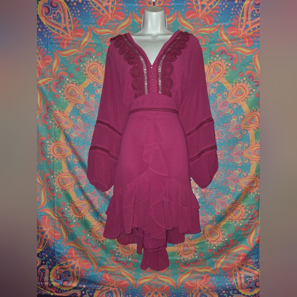 City Chic Burgundy Long Sleeve Ruffle Dress - Picture 5 of 11